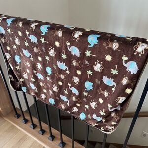 Just Born Baby Blanket Fleece Back Brown Monkey Elephant Palm Tree 37x28 Soft